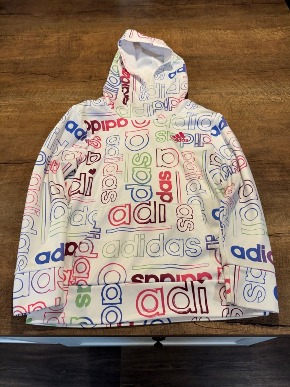Adidas Graphic Hoodie Kids S 7/8 White Multicolor Logo Sweatshirt